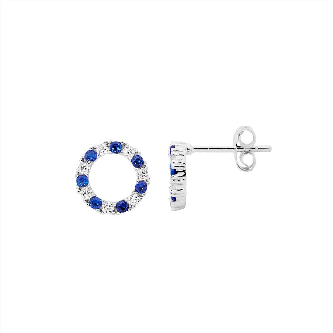 SS WH & Dark Blue CZ 9mm Open Circle Stud Earrings