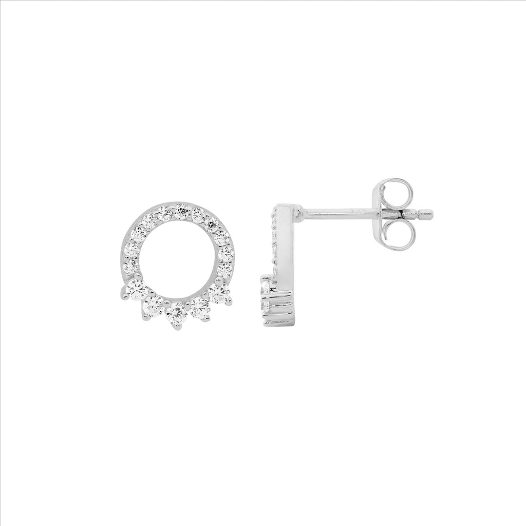 SS WH CZ 9mm Open Circle Stud Earrings w/5x CZ feature