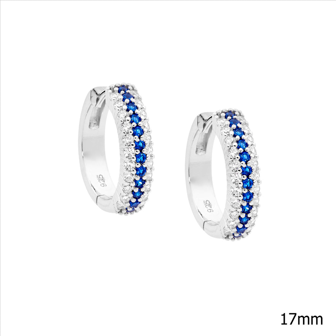 SS WH & Dark Blue CZ 3 Row 17mm Hoop Earrings