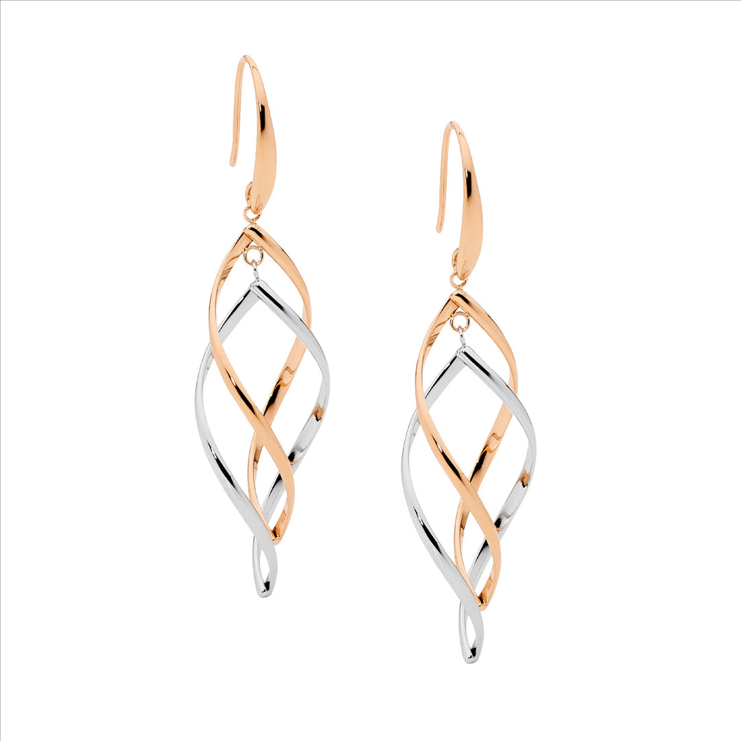 Stainless Steel Open Dbl Twist Drop Earrings w/2 Tone Rose Gold IP plating