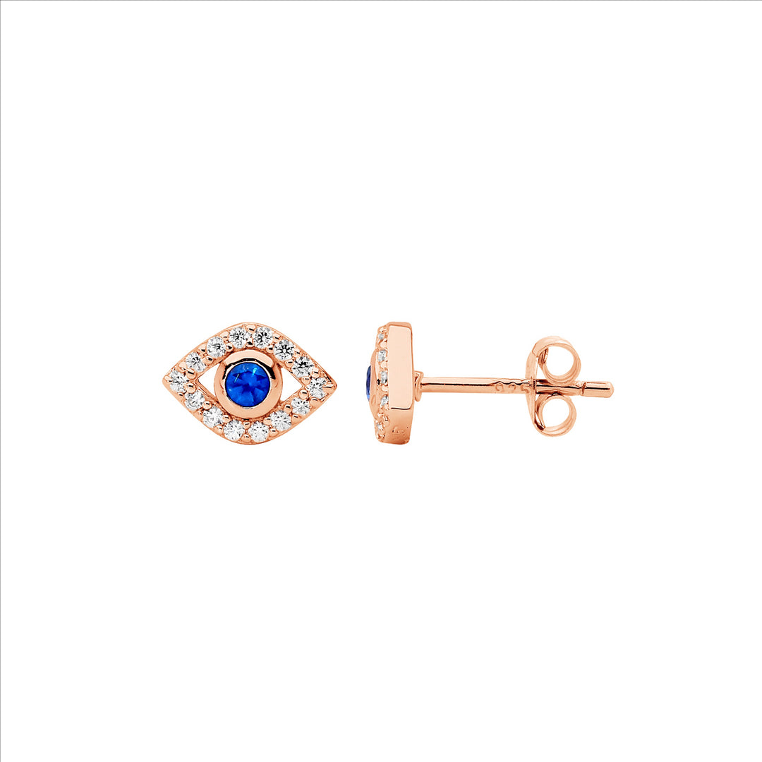 SS WH & Blue CZ Bezel Set Evil Eye Earrings w/Rose Gold Plating