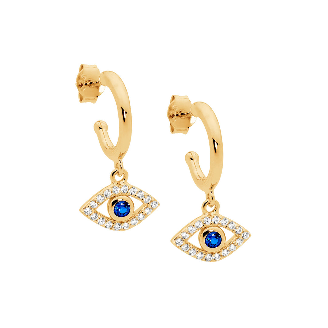 SS 13mm Hoop Earrings, WH & Blue CZ Evil Eye Drop w/Gold Plating