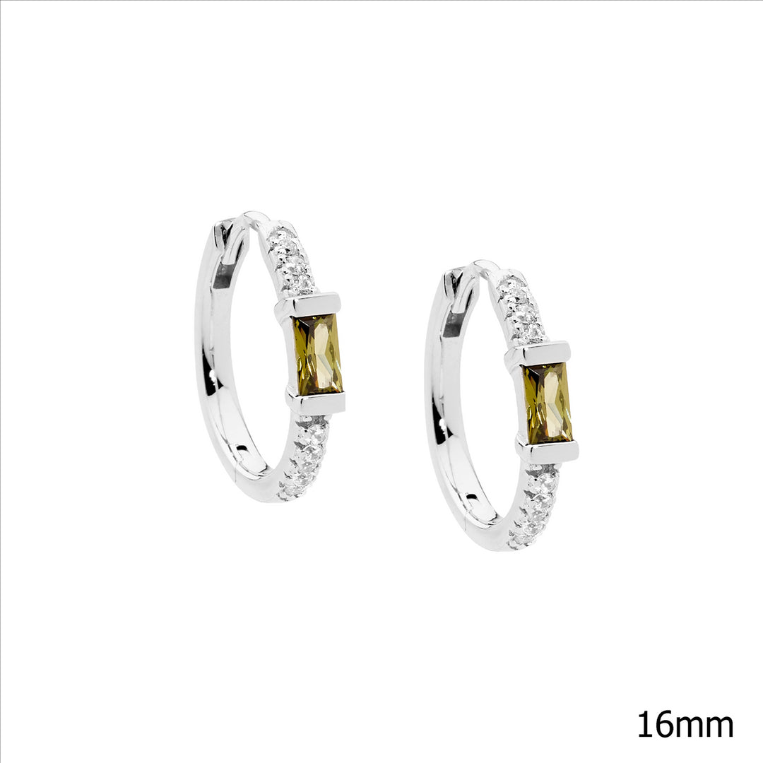 SS WH CZ 16mm Hoop Earrings w/Peridot Baguette CZ