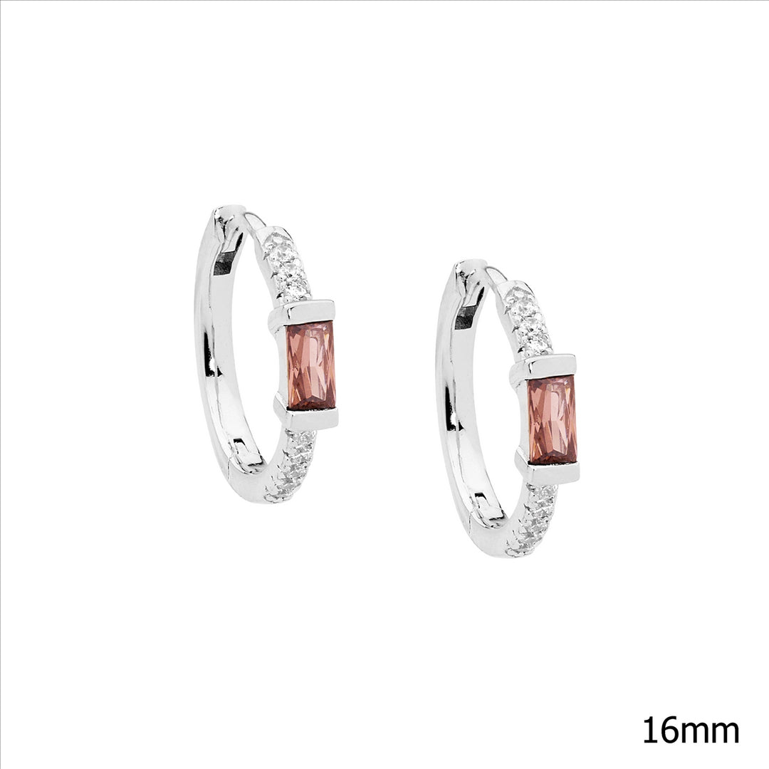 SS WH CZ 16mm Hoop Earrings w/Rhodolite Baguette CZ