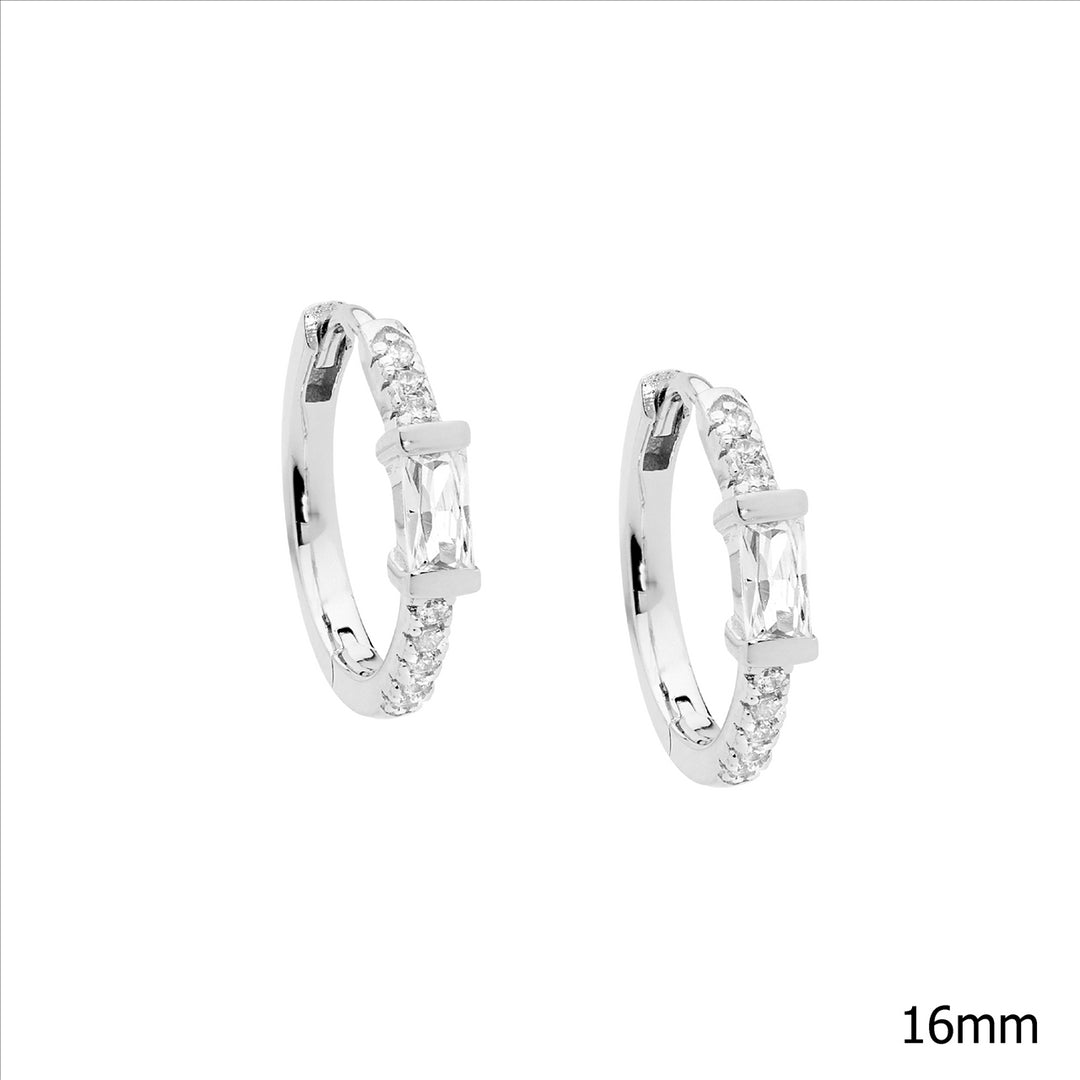 SS WH CZ 16mm Hoop Earrings w/WH Baguette CZ