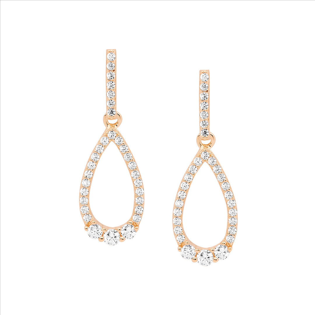 SS WH CZ Open Tear Drop Earrings,3x CZ Feature w/Rose Gold Plating