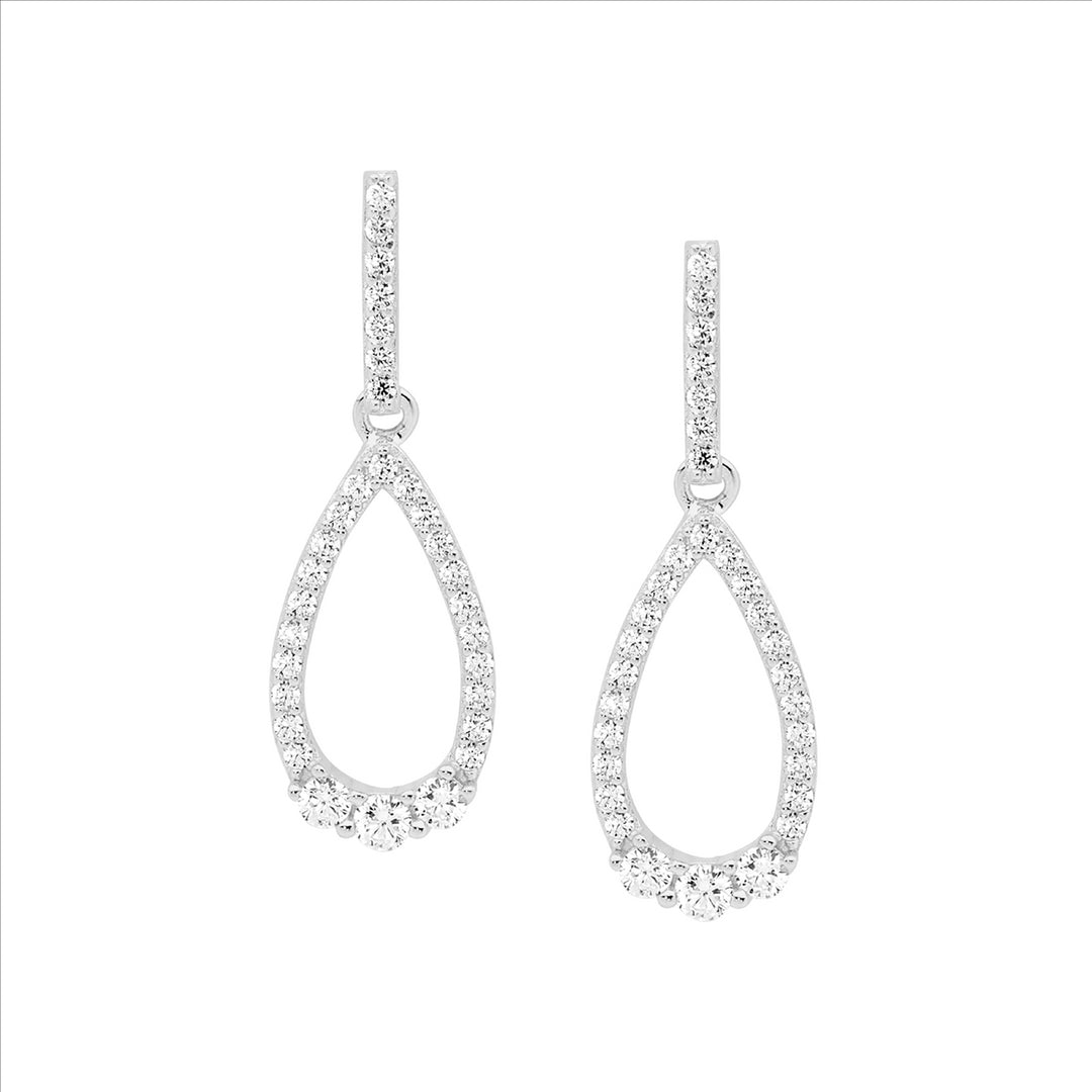 SS WH CZ Open Tear Drop Earrings, 3x CZ Feature