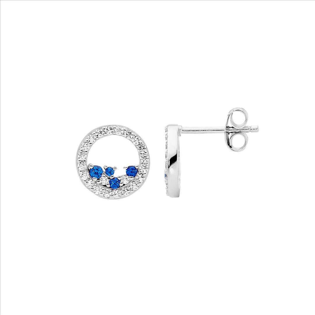 SS WH CZ 10mm Open Circle Earrings w/Scattered Blue & WH CZ