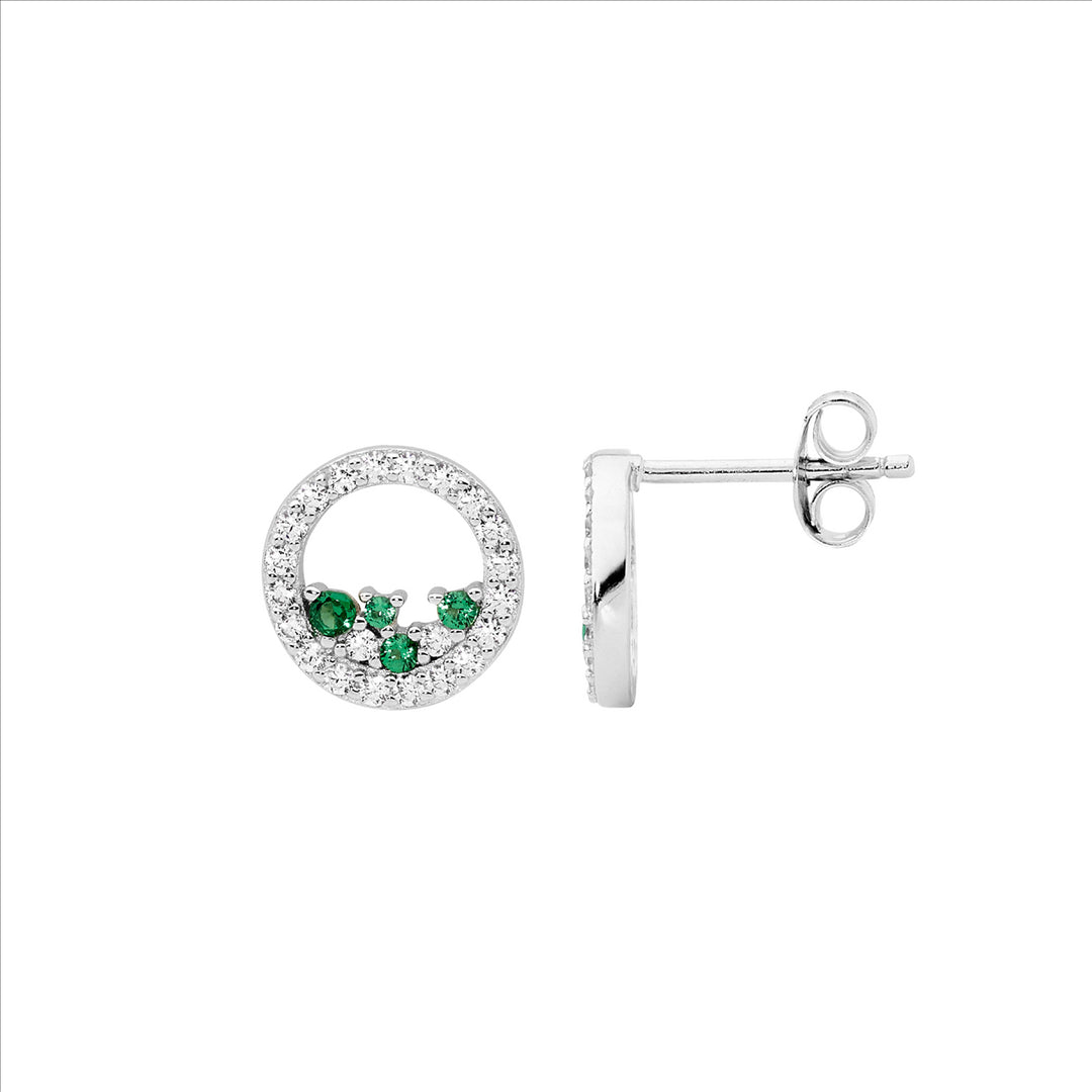 SS WH CZ 10mm Open Circle Earrings w/Scattered Green & WH CZ