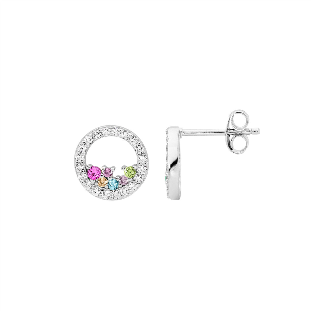 SS WH CZ 10mm Open Circle Earrings w/Scattered Pastel Colour CZ