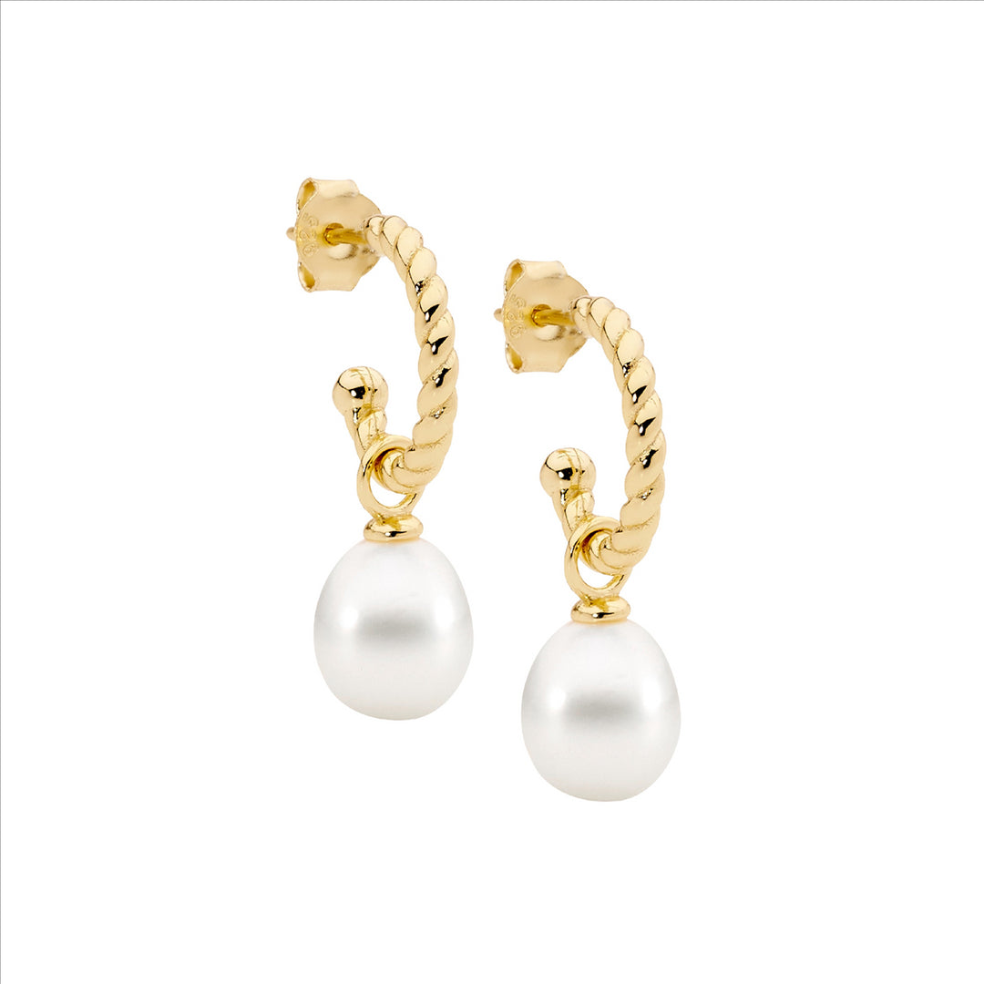 SS 13mm Twist Hoop Earrings, Freshwater Pearl Drop w/Gold Plating