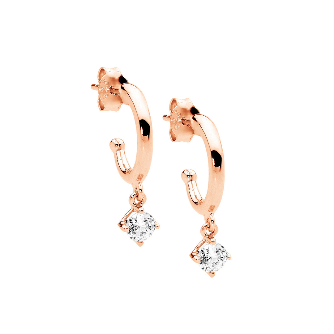 SS 13mm Hoop Earrings, WH CZ Claw Set Drop w/Rose Gold Plating