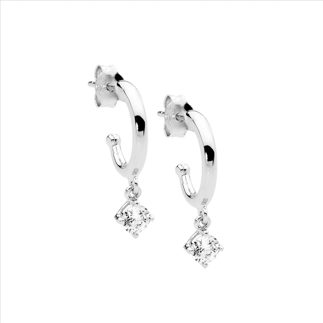 SS 13mm Hoop Earrings, WH CZ Claw Set Drop