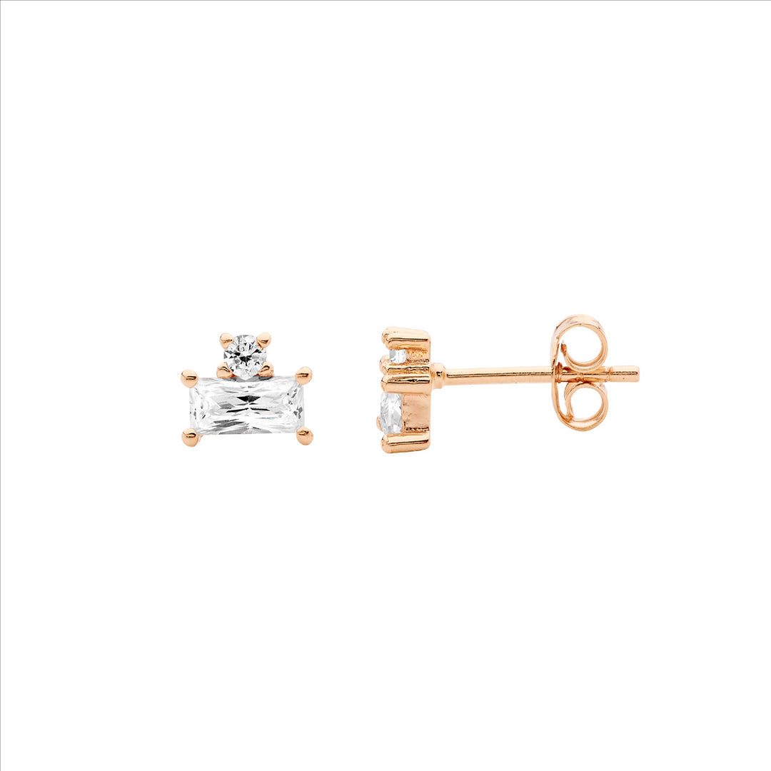 SS WH CZ Baguette & Rnd Stud Earrings w/Gold Plating