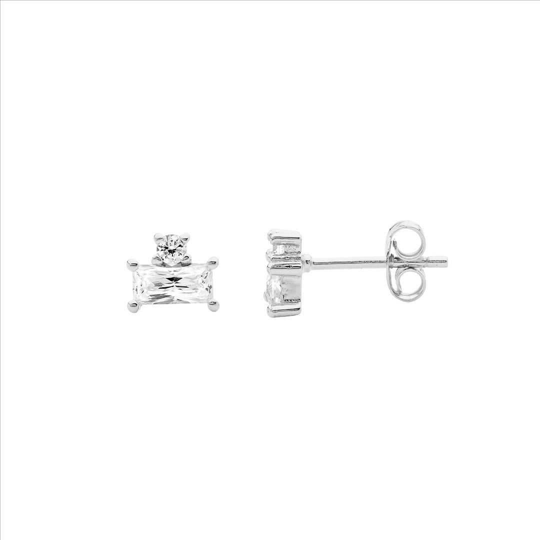 SS WH CZ Baguette & Rnd Stud Earrings