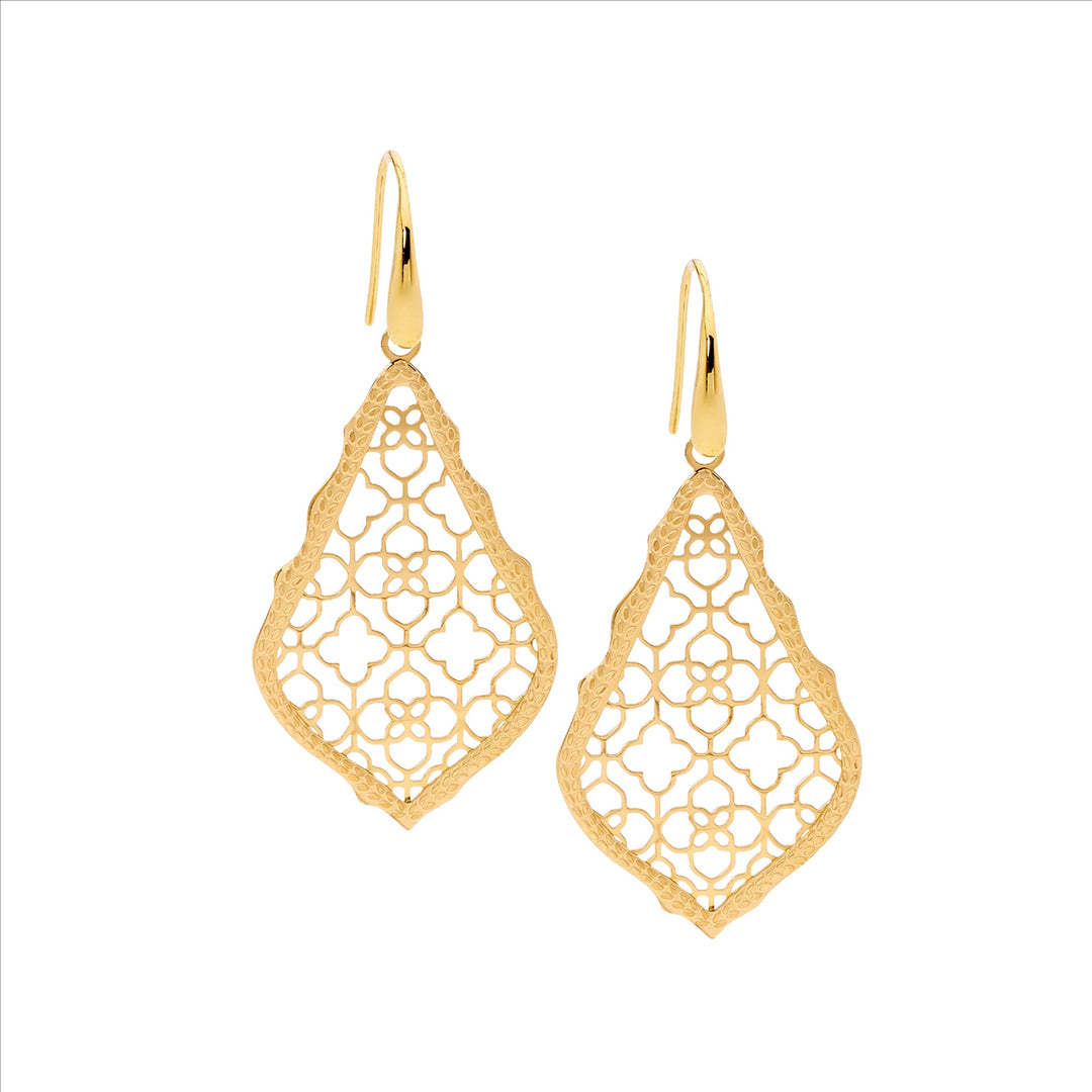 Stainless Steel open tear filigree earrings, shp/hook w/gold IP Plating