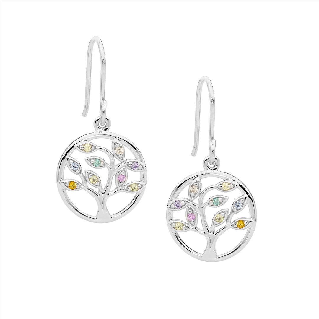 SS Multi Colour CZ Tree of Life Earrings on Shepherds hook