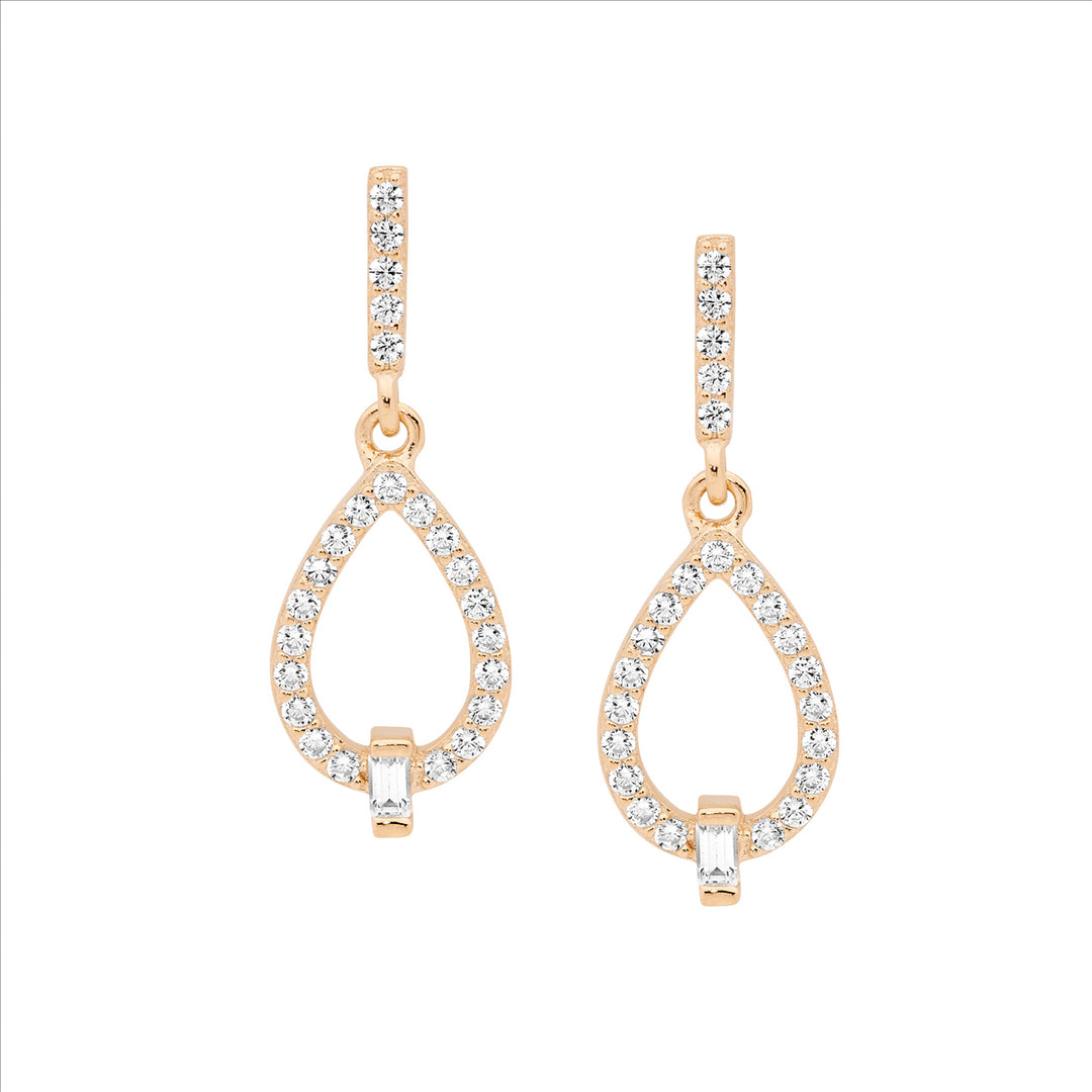 SS WH CZ Open Tear Drop Earrings w/Baguette & Rose Gold Plating