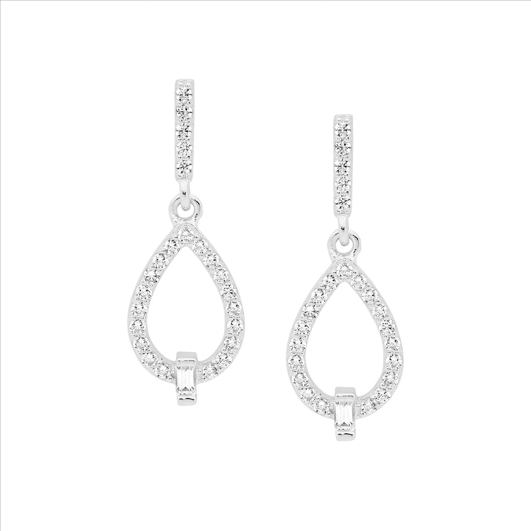 SS WH CZ Open Tear Drop Earrings w/Baguette