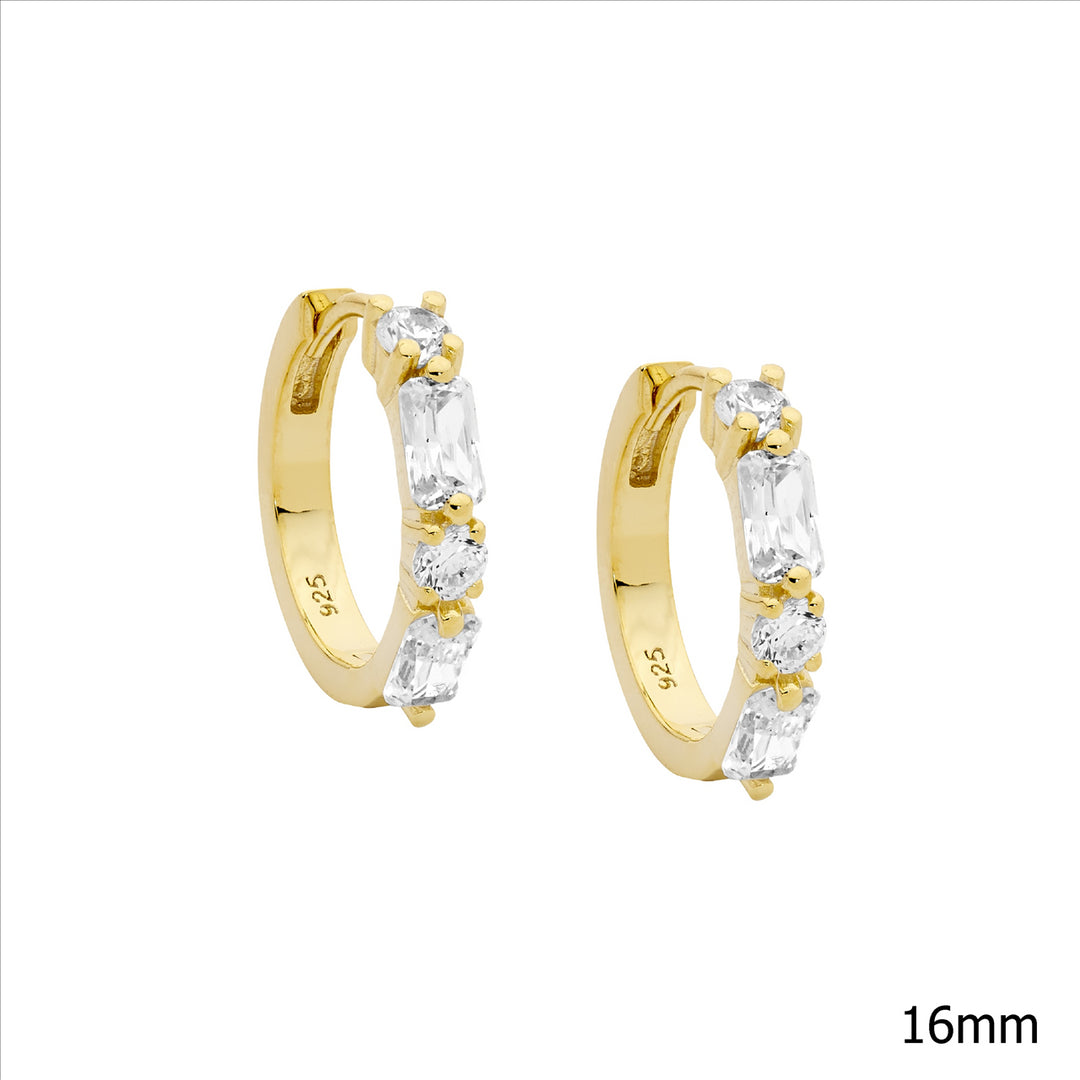 SS WH CZ round & baguette 16mm hoop earrings w/gold plating