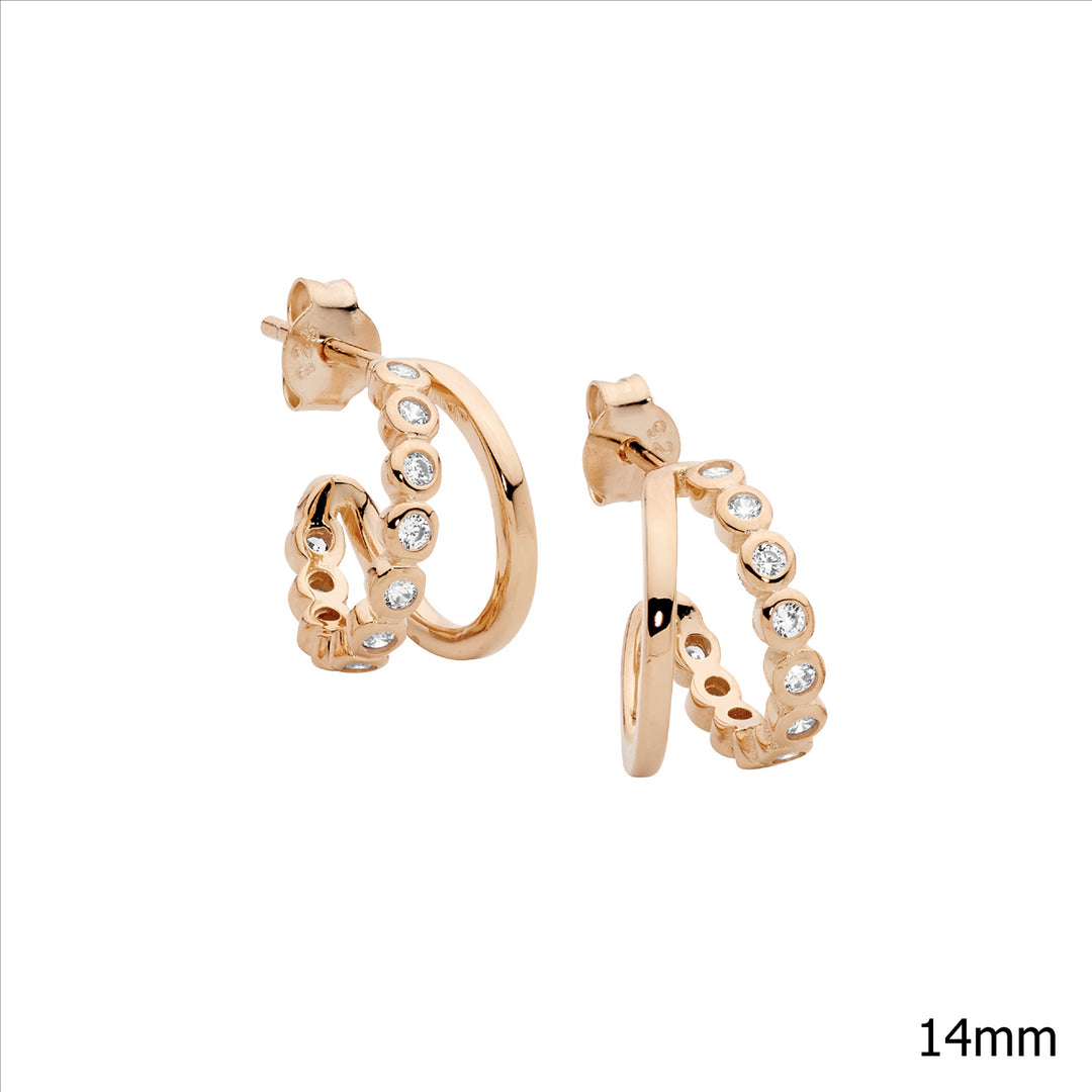 SS 14mm Dble Hoop Earrings, 1 Hoop WH CZ Bezel w/Rose Gold Plating