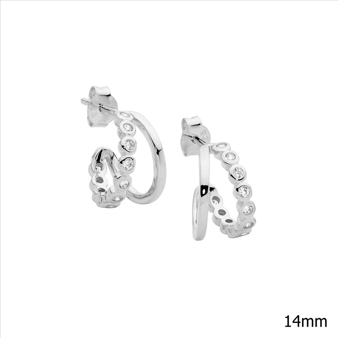 SS 14mm Dble Hoop Earrings, 1 Hoop WH CZ Bezel