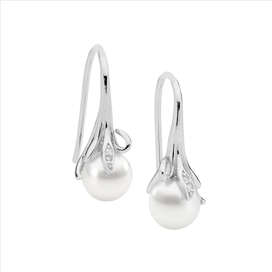 SS WH CZ w/Freshwater Pearl Earrings on Shepherds hook