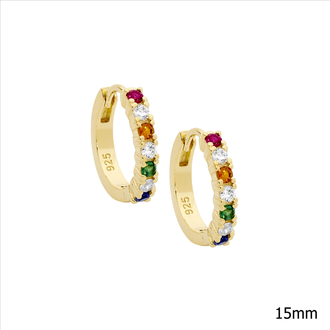 SS WH & Multi Colour CZ 14mm Hoop Earrings w/Gold Plating