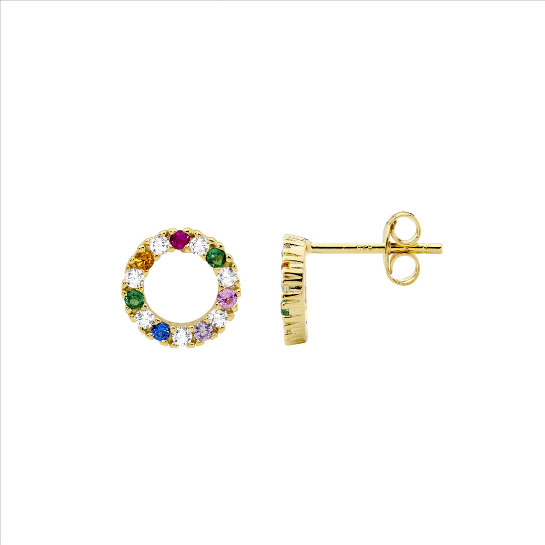 SS WH & Multi Colour CZ 9mm Open Circle Earrings w/Gold Plating