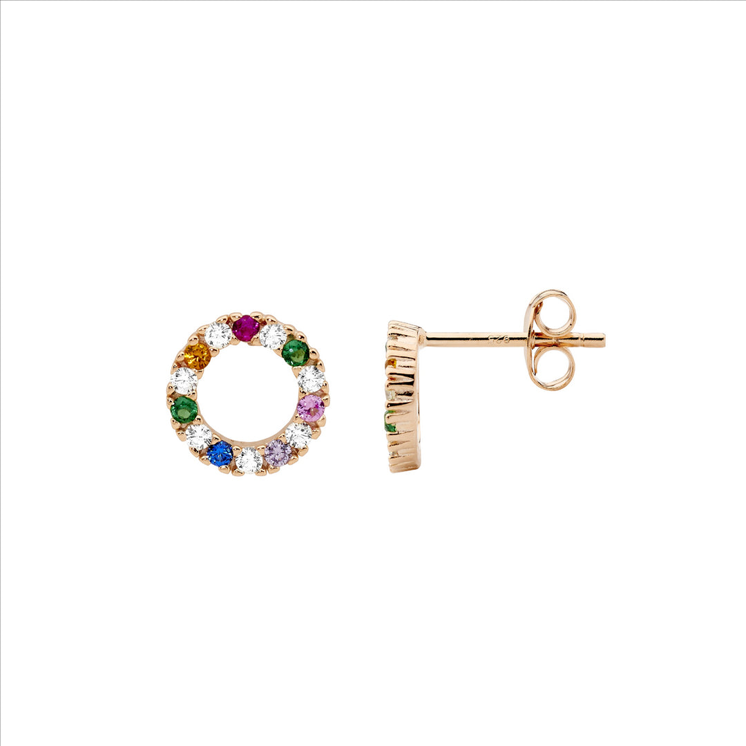 SS WH & Multi Colour CZ 9mm Open Circle Earrings w/Rose Gold Plating