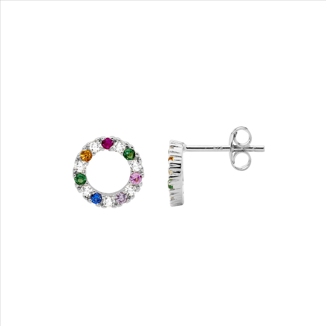 SS WH & Multi Colour CZ 9mm Open Circle Earrings