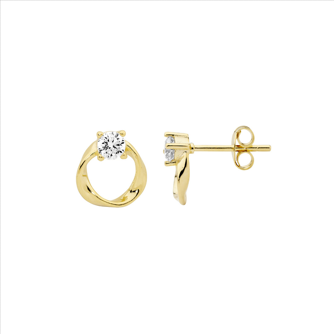 SS 9mm Open Circle Twist Earrings w/1 x WH CZ & Gold Plating
