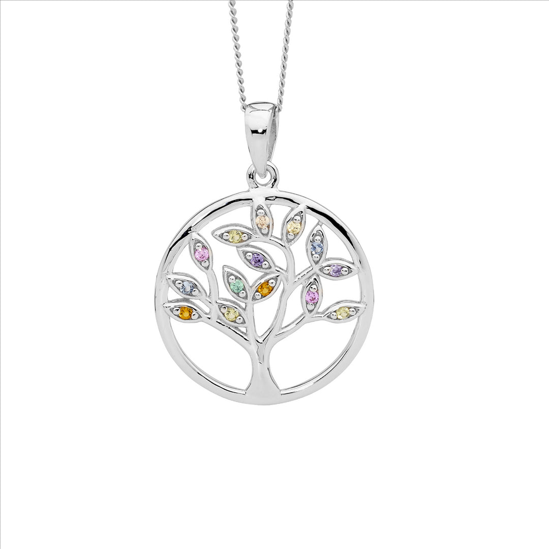 SS multi colour cz tree of life pendant