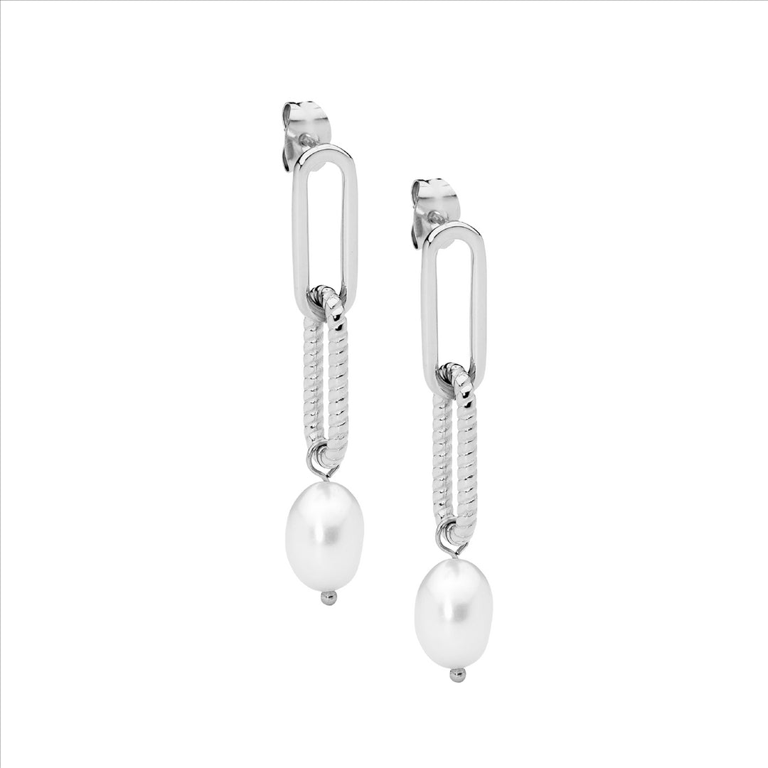 Stainless Steel Paperclip Earrings w/Freshwater Pearl