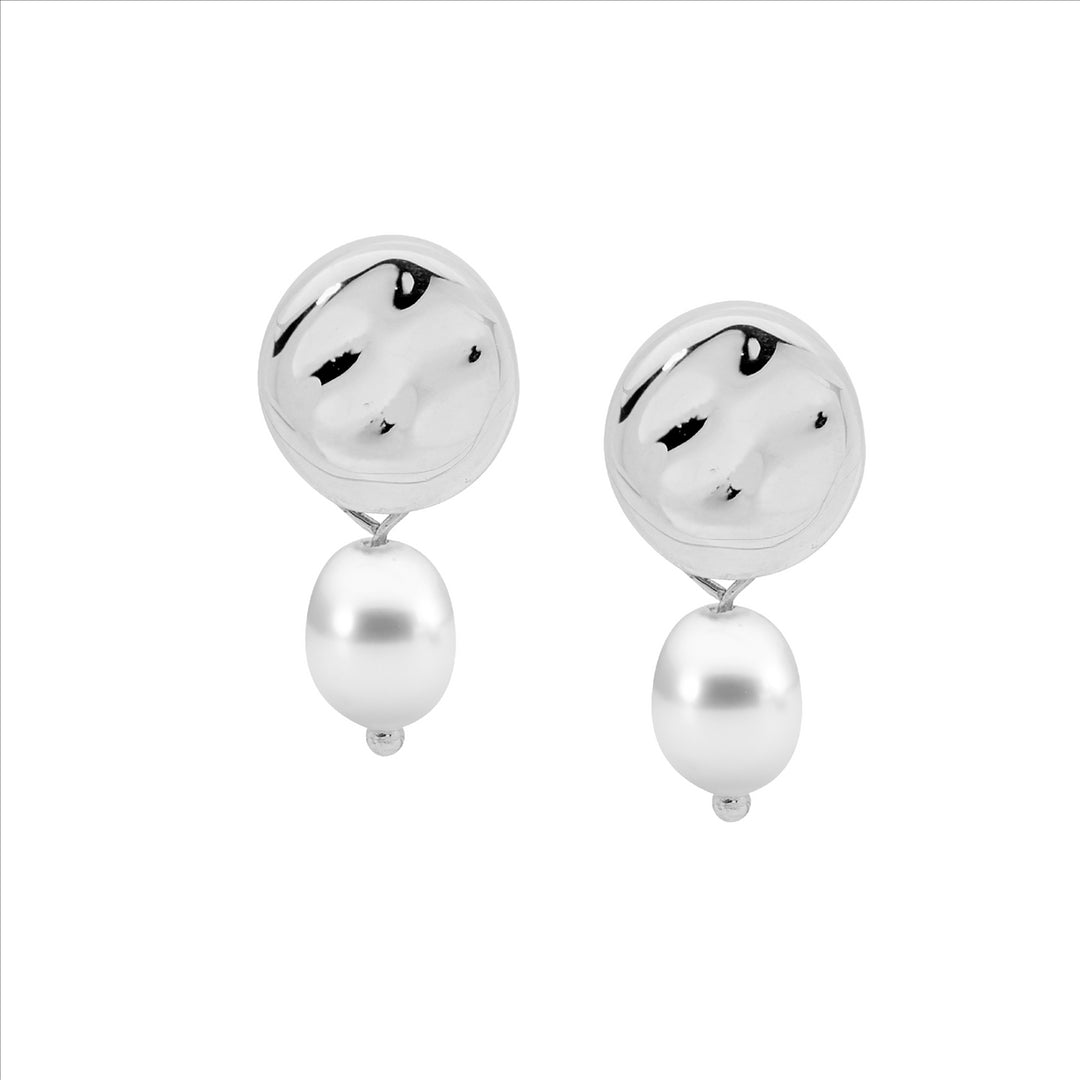 Stainless Steel Disk Earrings w/Freshwater Pearl