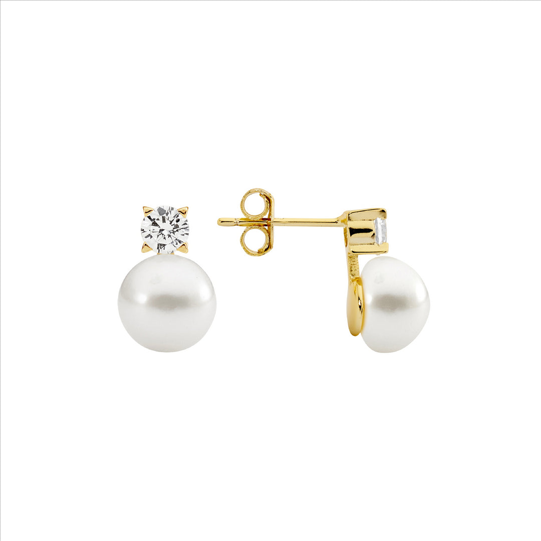 SS 4mm Claw Set WH CZ, 8.5mm Freshwater Pearl Earrings w/Gold Plating