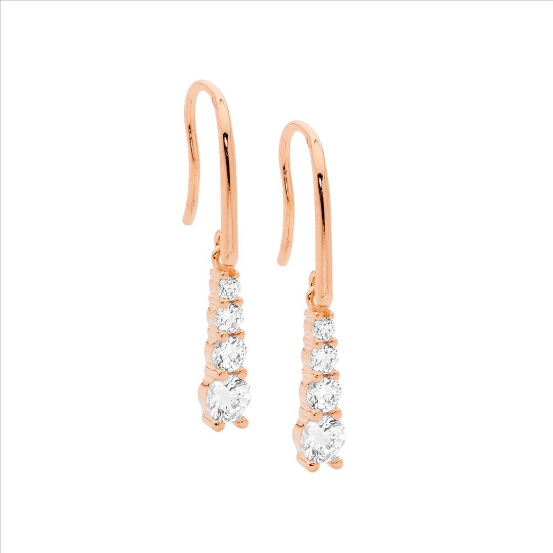 SS 4 Round WH CZ Gradual Drop Earrings on Shp/hook w/Rose Gold Plating