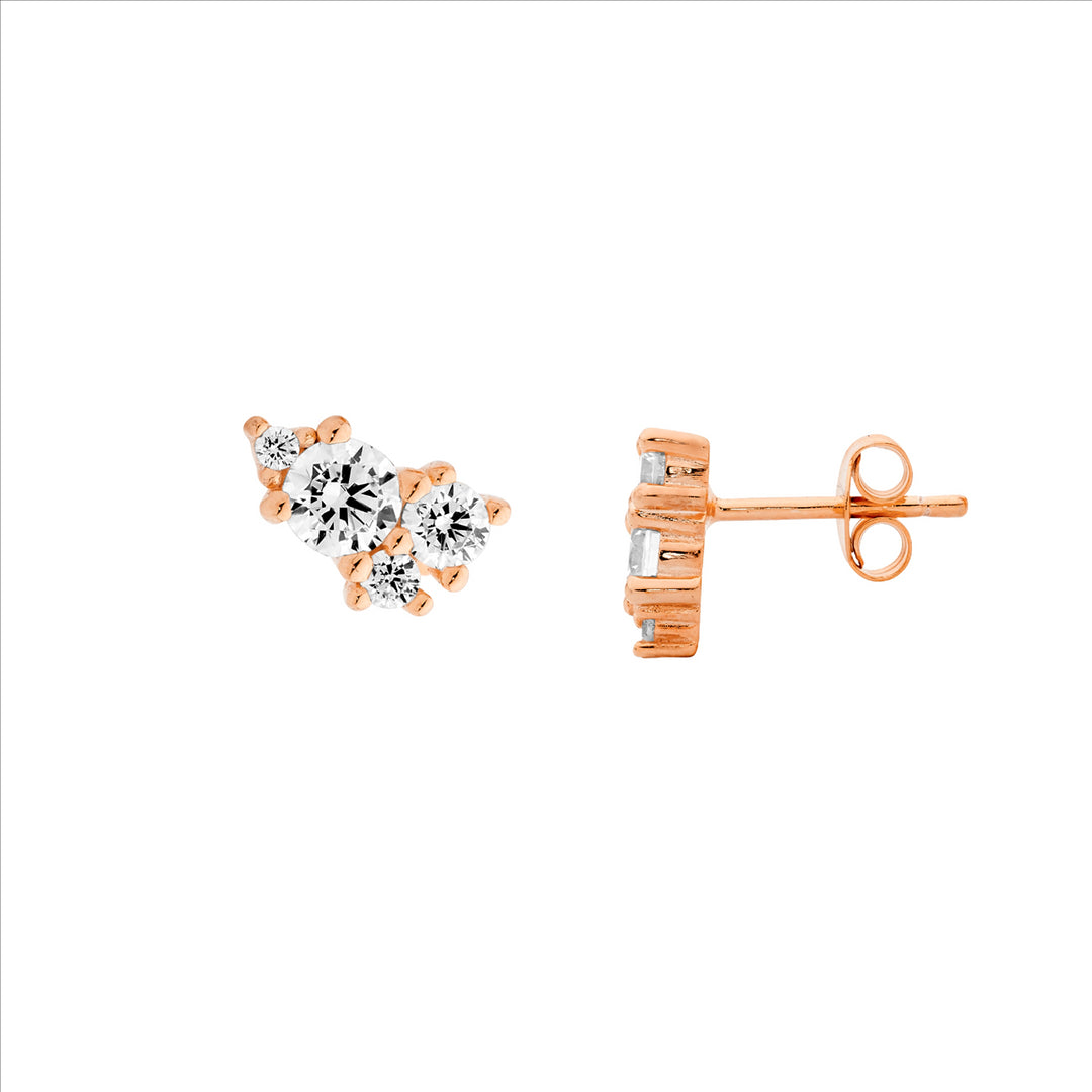SS WH CZ Multi Size Round Cluster Stud Earrings w/Rose Gold Plating