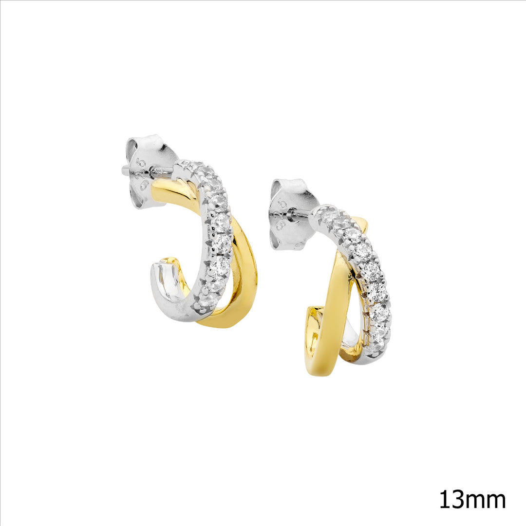 SS 13mm Cross Over Hoop Earrings, 1x WH CZ 1x Gold Plating