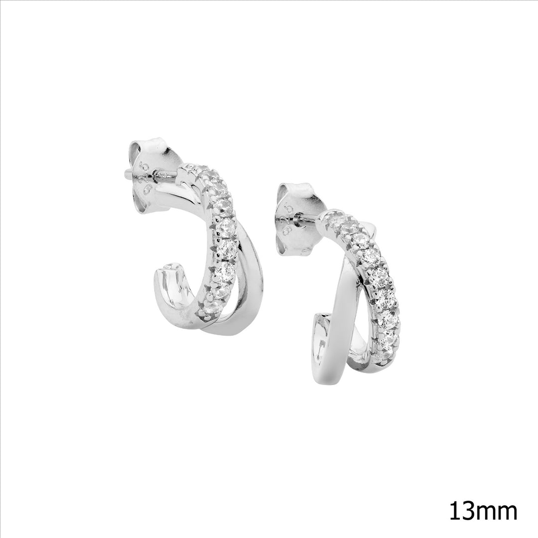 SS 13mm Cross Over Hoop Earrings, 1x WH CZ 1x Plain