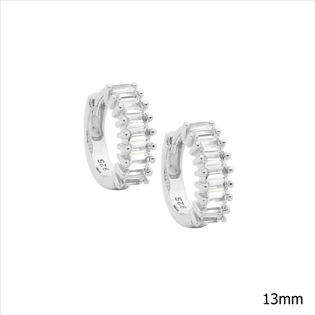 SS WH CZ Baguette Claw Set 13mm Hoop Earrings