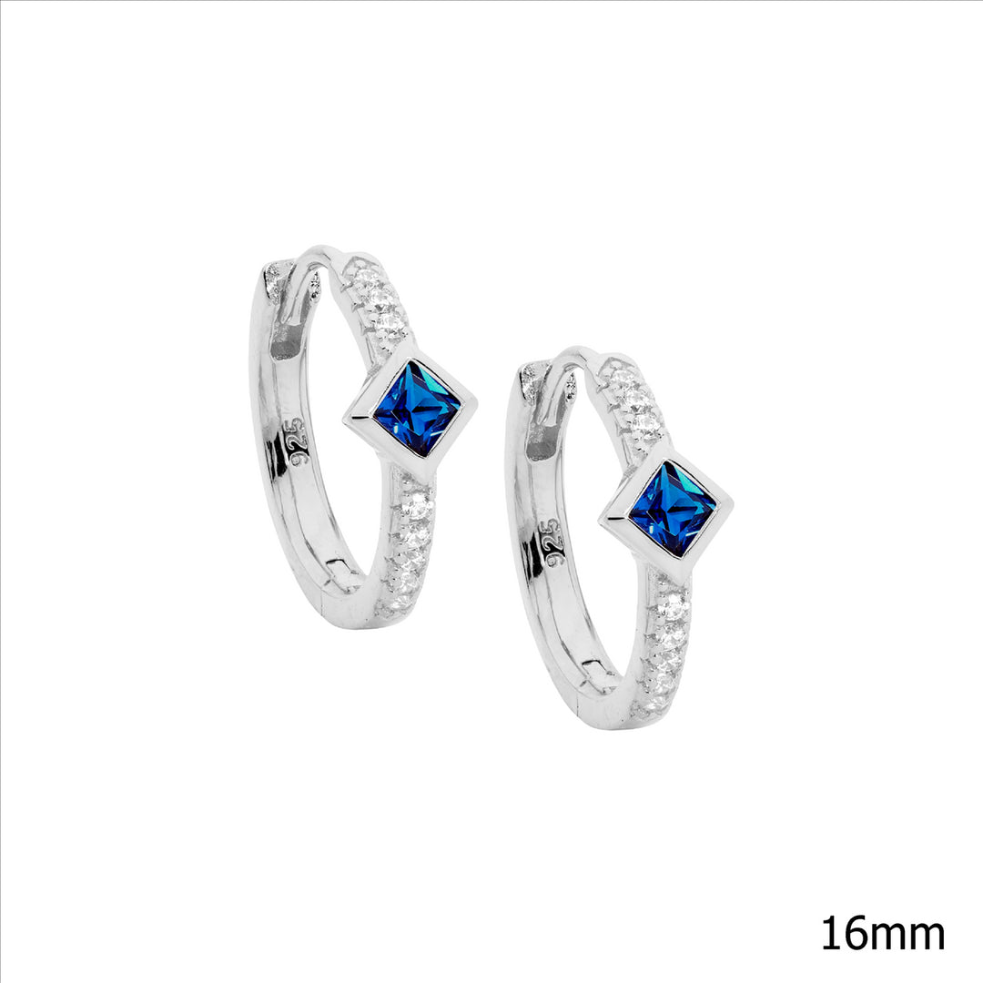 SS Wh CZ 16mm Hoop Earrings, DK Blue CZ Princess Cut Bezel Set
