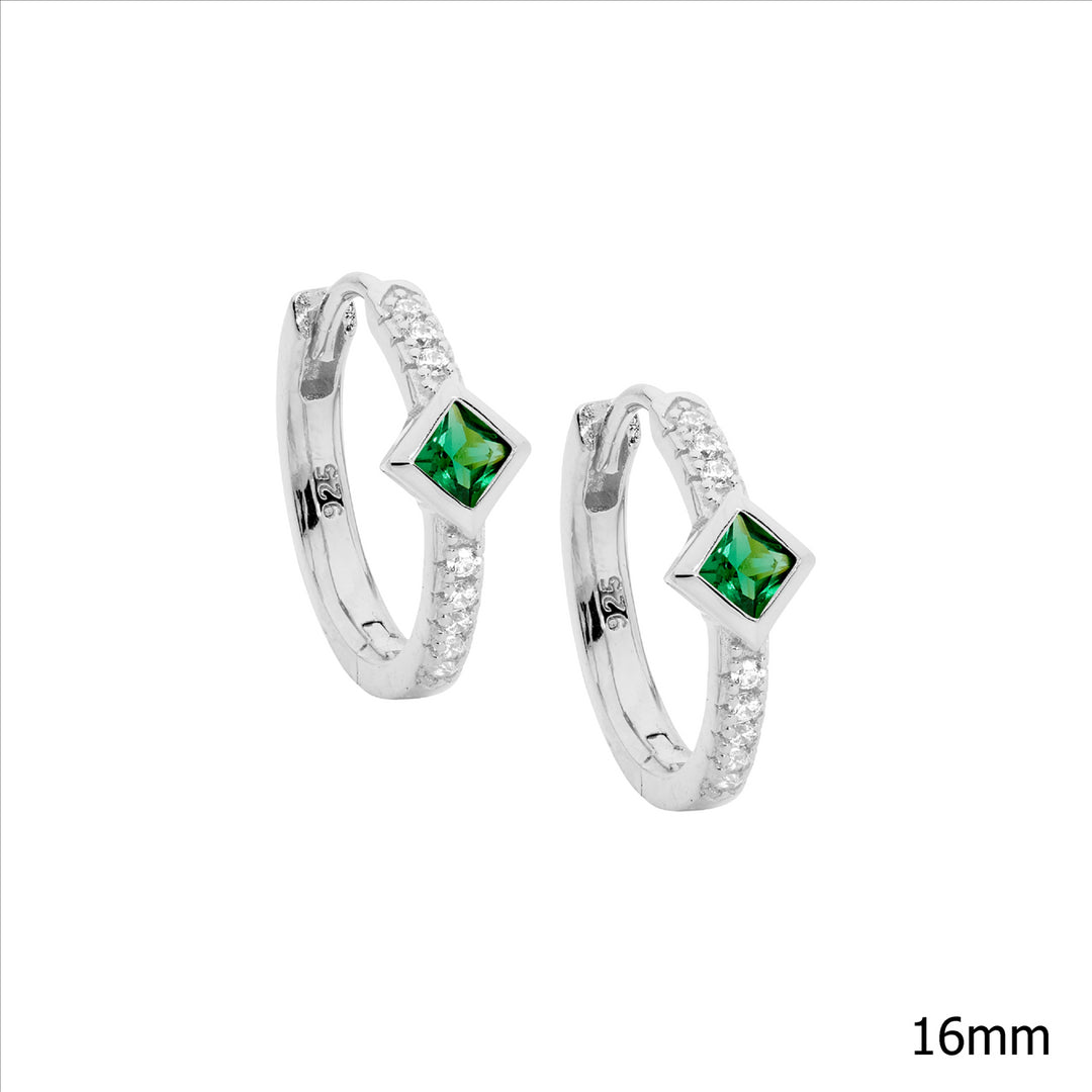 SS WH CZ 16mm Hoop Earrings, Green CZ Princess Cut Bezel Set