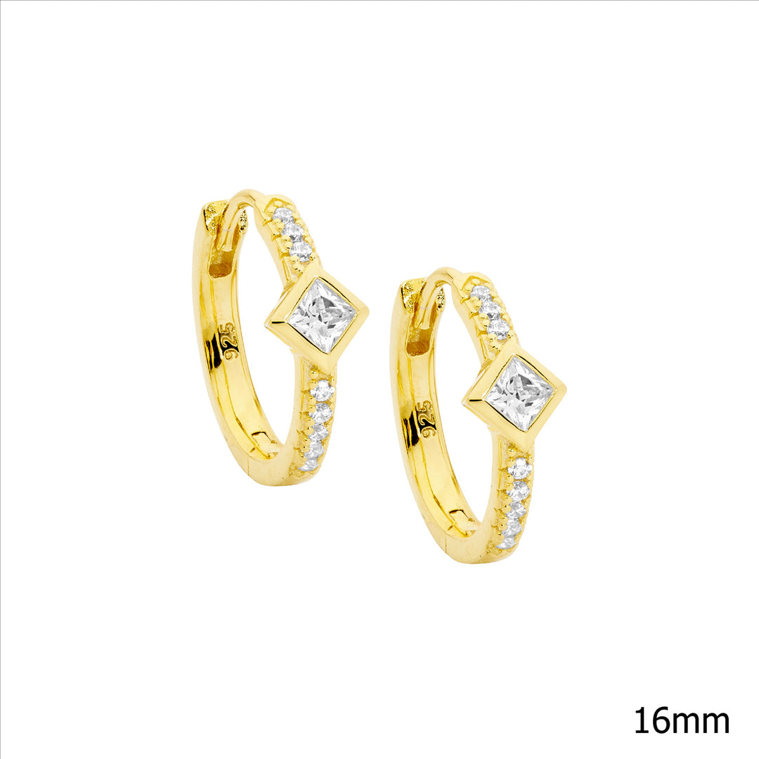 SS WH CZ 16mm Hoop Earrings w/Princess Cut Bezel Set, Gold Plating