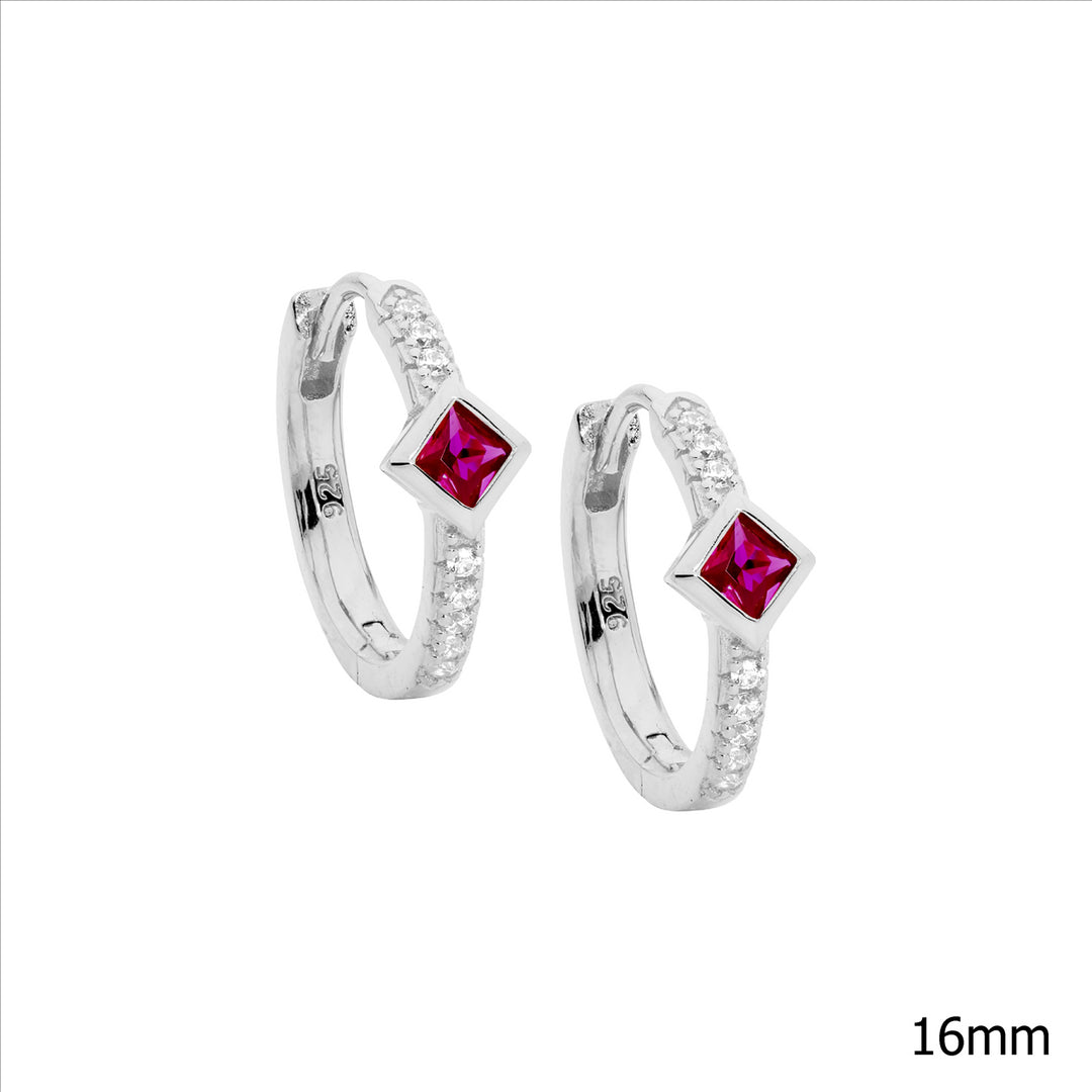 SS WH CZ 16mm Hoop Earrings, Red CZ Princess Cut Bezel Set