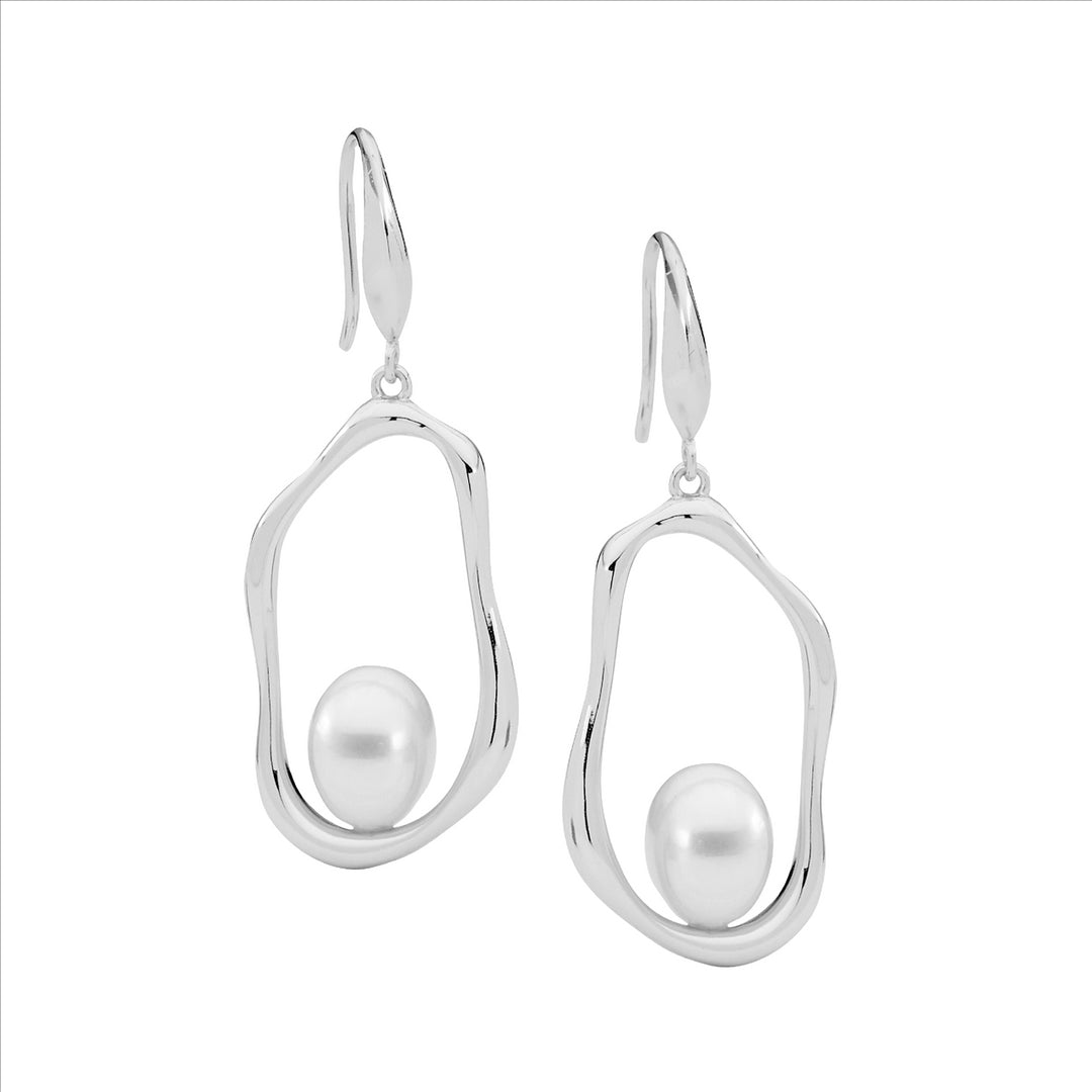 SS Open Wave Oval Earrings w/Freshwater Pearl on Shp/hook