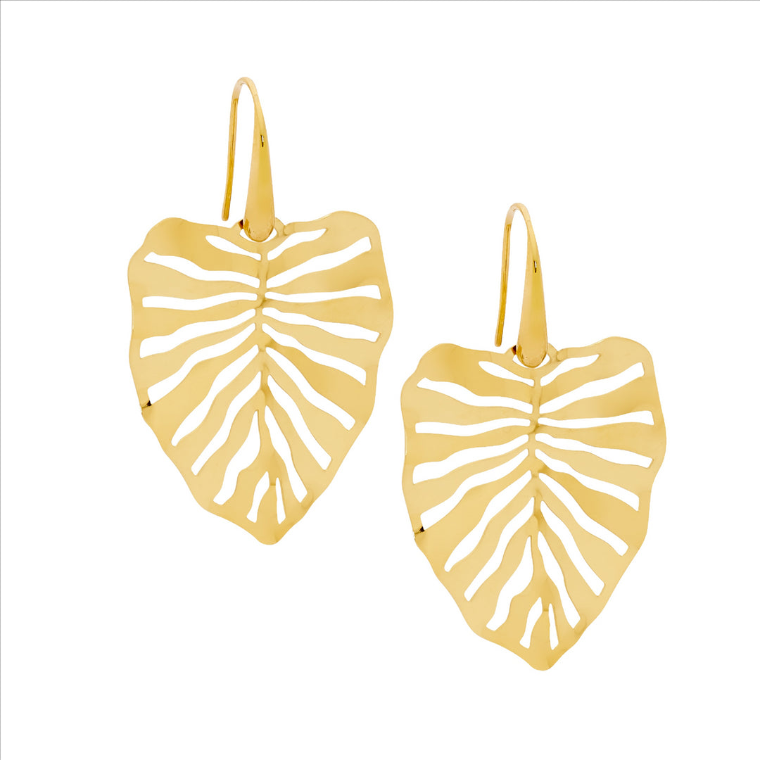 Stainless Steel 36mm Monstera Leaf Earrings w/Gold IP Plating