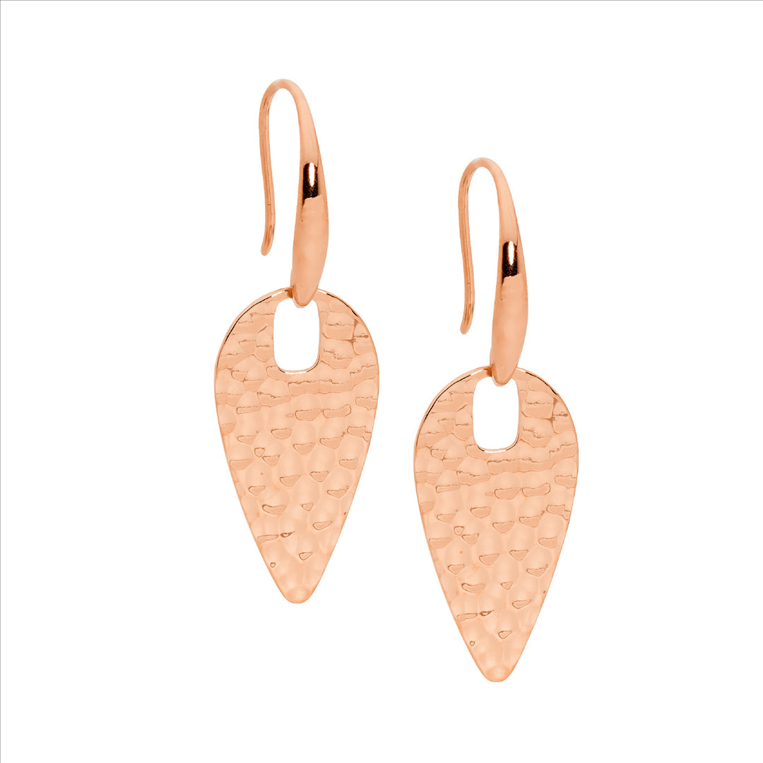 Stainless Steel Hammered Spear Drop Earrings w/Rose Gold IP Plating