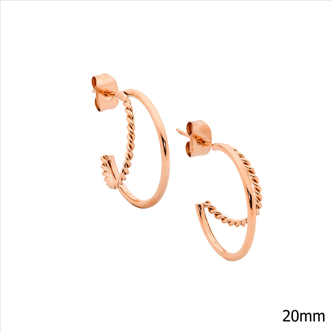 Stainless Steel 20mm Dble Hoop Earrings w/Twist, Rose Gold IP Plating