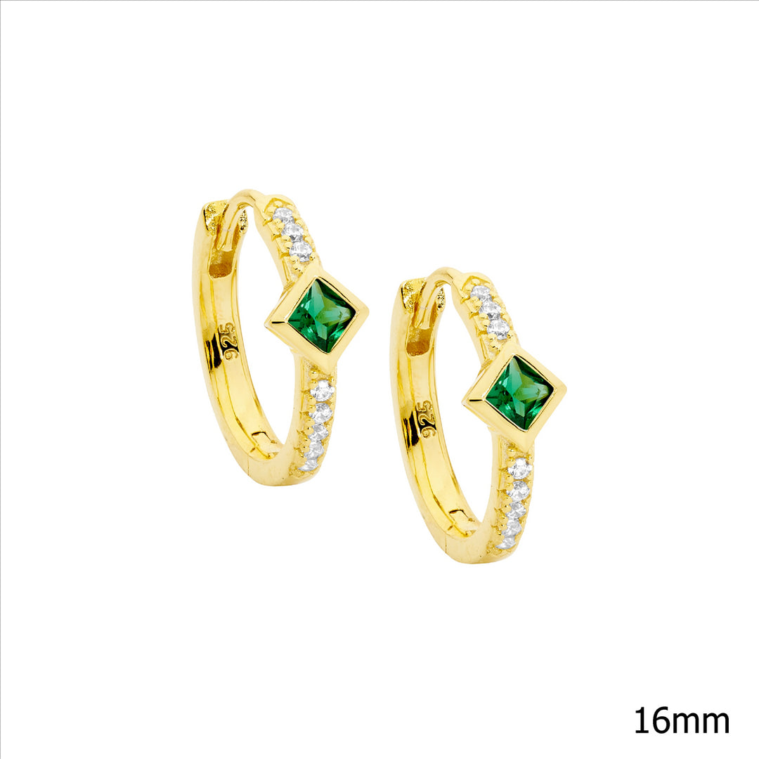 SS WH CZ 16mm Hoop Earrings, Green CZ Princess Cut Bezel Set w/Gold Plating